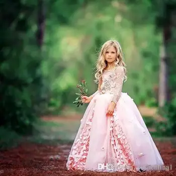 Çiçek Kız Elbise Dantel Tül Düğün Doğum Günü Partisi İçin Sevimli Prenses İlk Communion Pageant Elbise