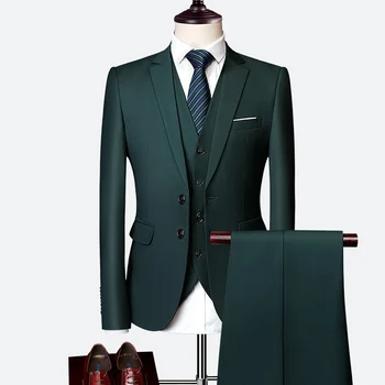 Yakışıklı erkek Düğün Takım Elbise Balo erkek İnce Düz Renk İş Ofis Takım Elbise Setleri Büyük Boy Erkek Blazer + pantolon + Yelek