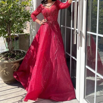Kırmızı Uzun Kollu Abiye Lüks Dubai Mermaid Bordo Arapça Örgün Balo Elbise Kadınlar Düğün Törenlerinde