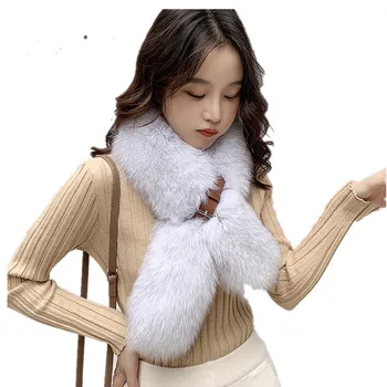 Moda Düz Renk Kabarık Gerçek Tilki Kürk Eşarp kadın Kış Açık Boyun İsıtıcı Kabarık Yaka Kalın Sıcak Yaka Kemer ile