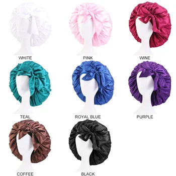 Büyük Saten İpeksi Kaput Uyku Kap Premium Elastik Bant İle Kadınlar İçin Düz Renk Kafa Wrap Kenarlı Nightcap