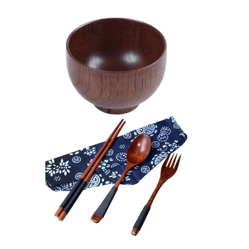 1 Adet Ahşap Kaseler Ahşap çorba kasesi ve 1 Takım Japon Vintage tahta çubuklar Kaşık Çatal Sofra