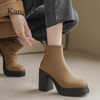 Kanseet Kadın Kısa Çizmeler Sonbahar Kış Ayakkabı Platformu Yuvarlak Ayak Hakiki Deri Siyah Kahverengi Fermuar Kalın Yüksek Topuklu yarım çizmeler