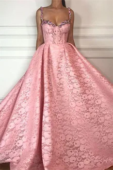 2021 Pembe Dantel Kristaller Abiye Uzun Spagetti Sapanlar Sevgiliye Örgün Akşam Partisi balo elbisesi Robe De Soiree