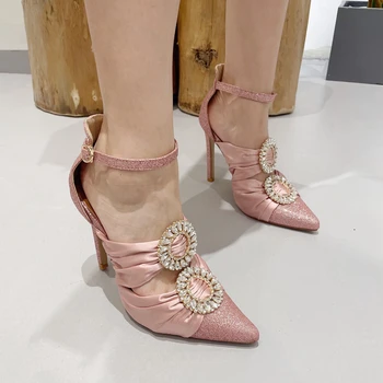 2022 Yaz Moda Tasarım Sivri Burun İçi Boş suni elmas toka Stiletto kadın Sandalet Siyah Yüksek Topuklu
