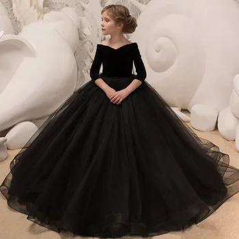 Prenses Siyah Çiçek Kız Elbise 3/4 Kollu Balo Korse Korse Geri Resmi Çocuklar Vestidos Düğün için