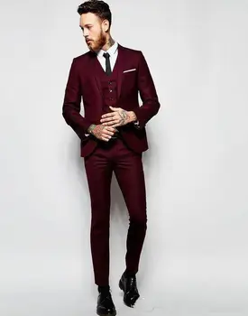 Yakışıklı Bordo Düğün Smokin Slim Fit Takım Elbise Erkekler İçin Groomsmen Takım Elbise Üç Adet Ucuz Balo resmi takım elbiseler (Ceket + Pantolon + Yelek